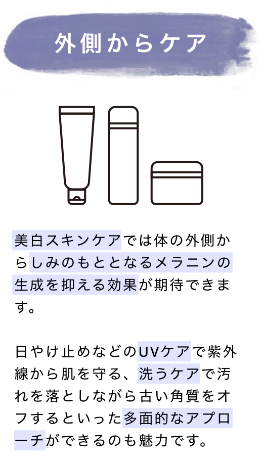 外側からケア 美白スキンケアでは体の外側からしみのもととなるメラニンの生成を抑える効果が期待できます。日やけ止めなどのUVケアで紫外線から肌を守る、洗うケアで汚れを落としながら古い角質をオフするといった多面的なアプローチができるのも魅力です。