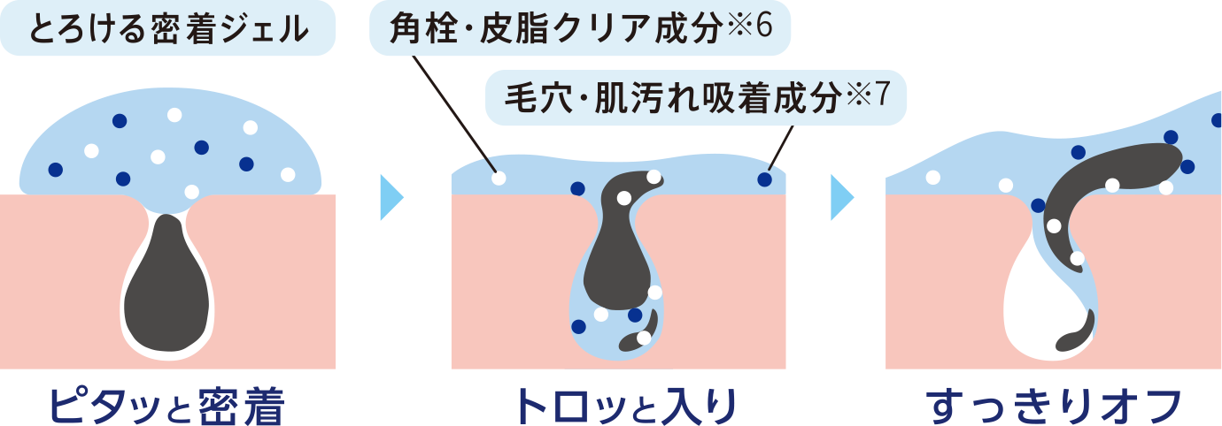 とろける密着ジェル　ピタッと密着　角栓・皮脂クリア成分　毛穴・肌汚れ吸着成分　トロッと入り　すっきりオフ